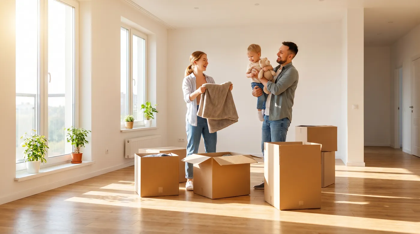 Family unpacking in their new home